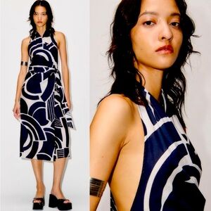 New Zara The Nicole Printed Halter Wrap Navy/White Midi Dress NWT